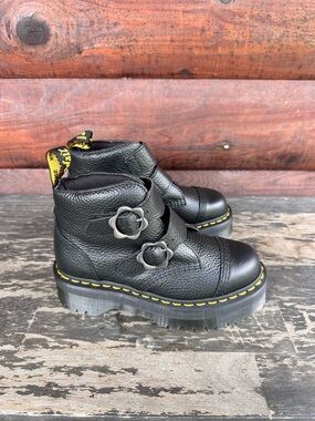 Women’s Dr Martens Black Leather Lace-Style Ankle Boots with Yellow Stitching